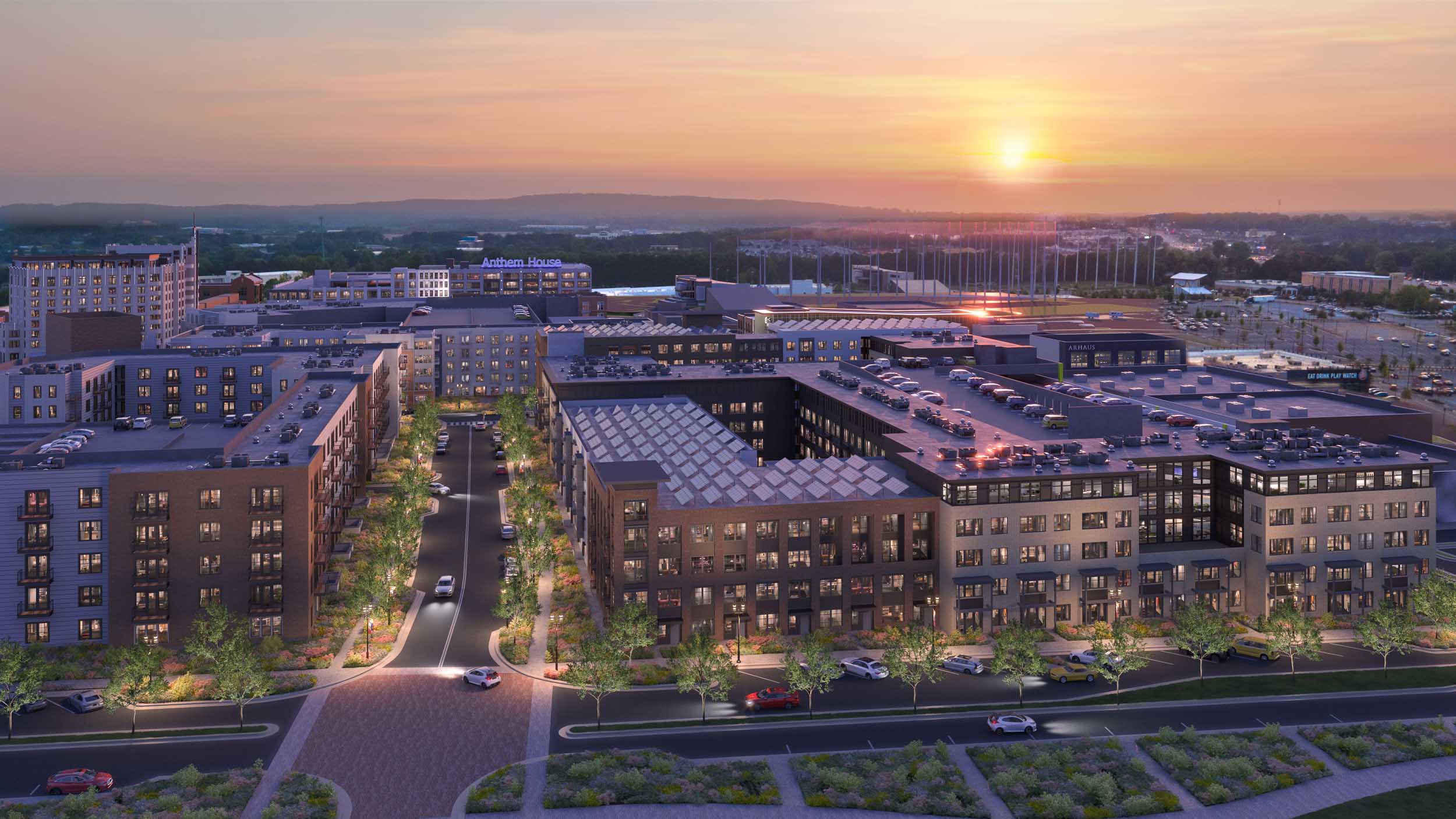 exterior view at sunset Wellory Living - Luxury apartments for rent in Huntsville, AL