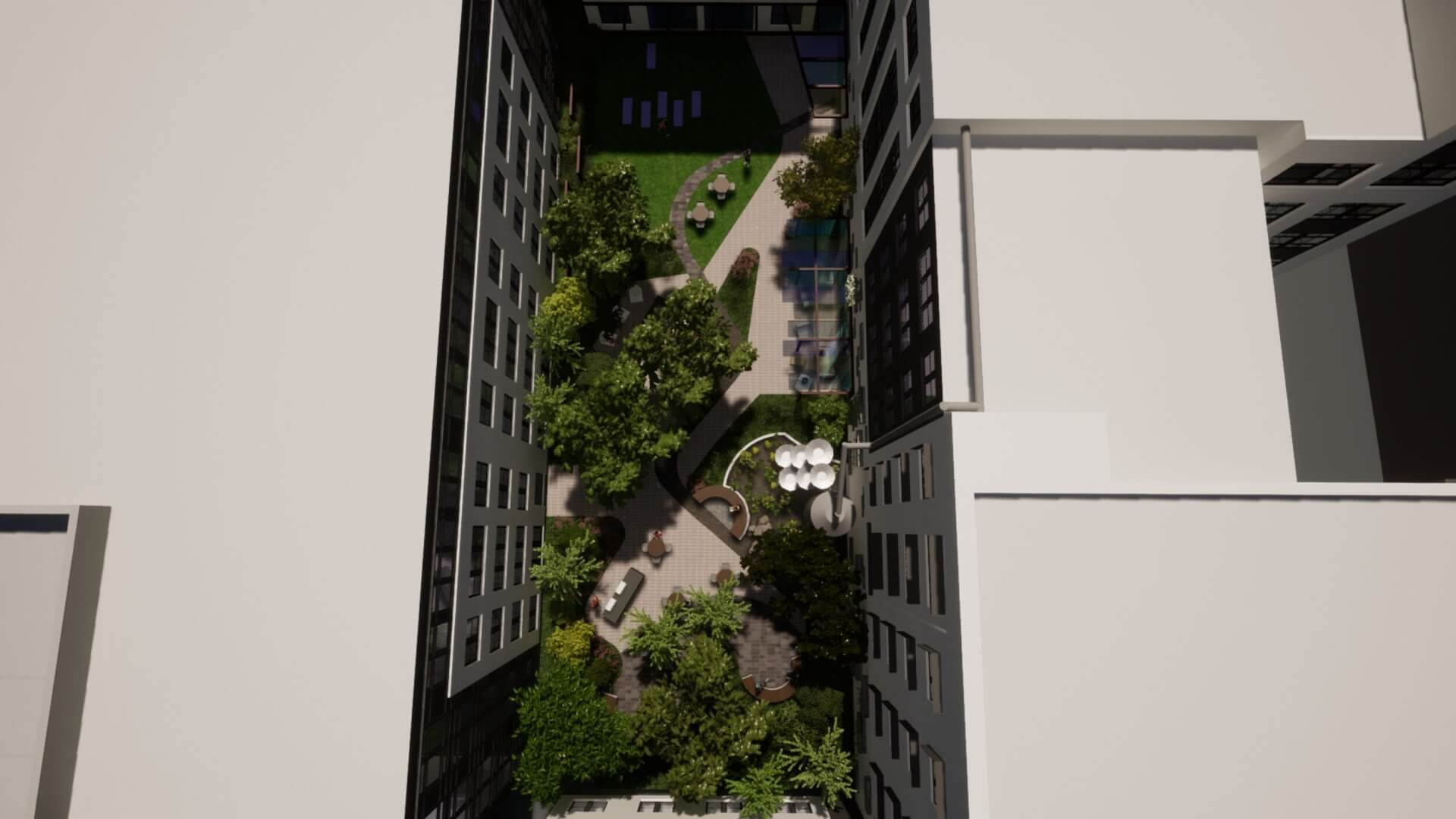 Courtyard area overview at Wellory Living - Midcity Huntsville apartments